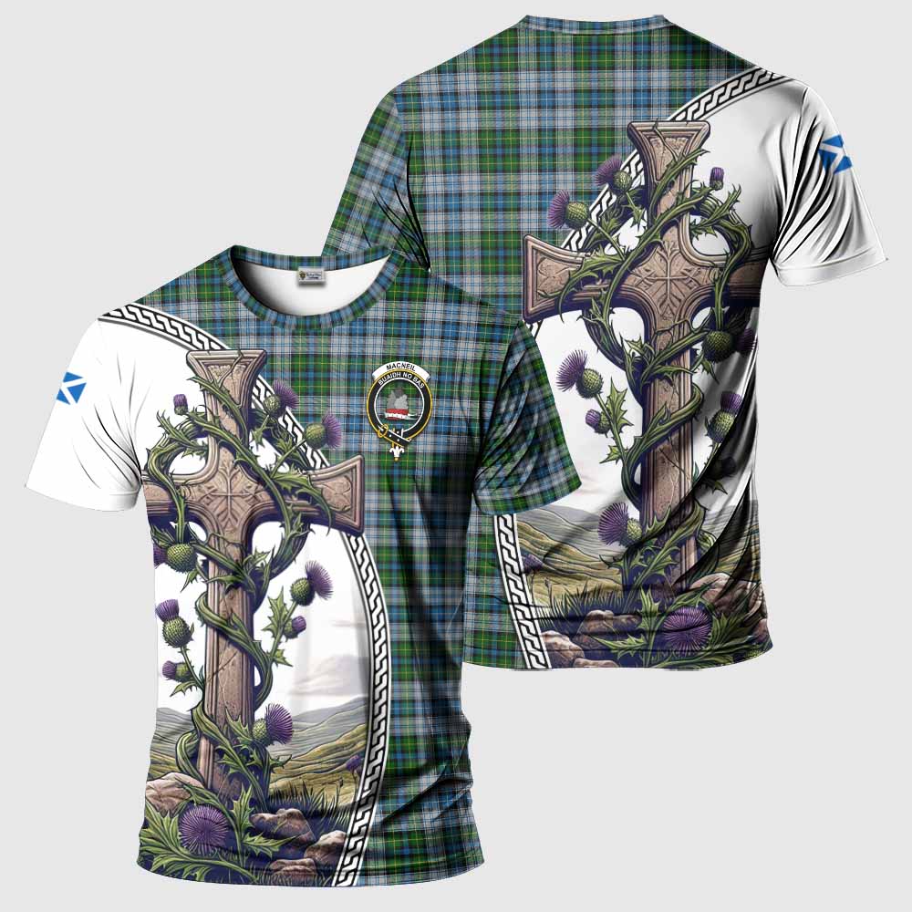 Tartan Vibes Clothing MacNeil (McNeil) Agnew Tartan T-Shirt with Family Crest and St. Andrew's Cross Accented by Thistle Vines