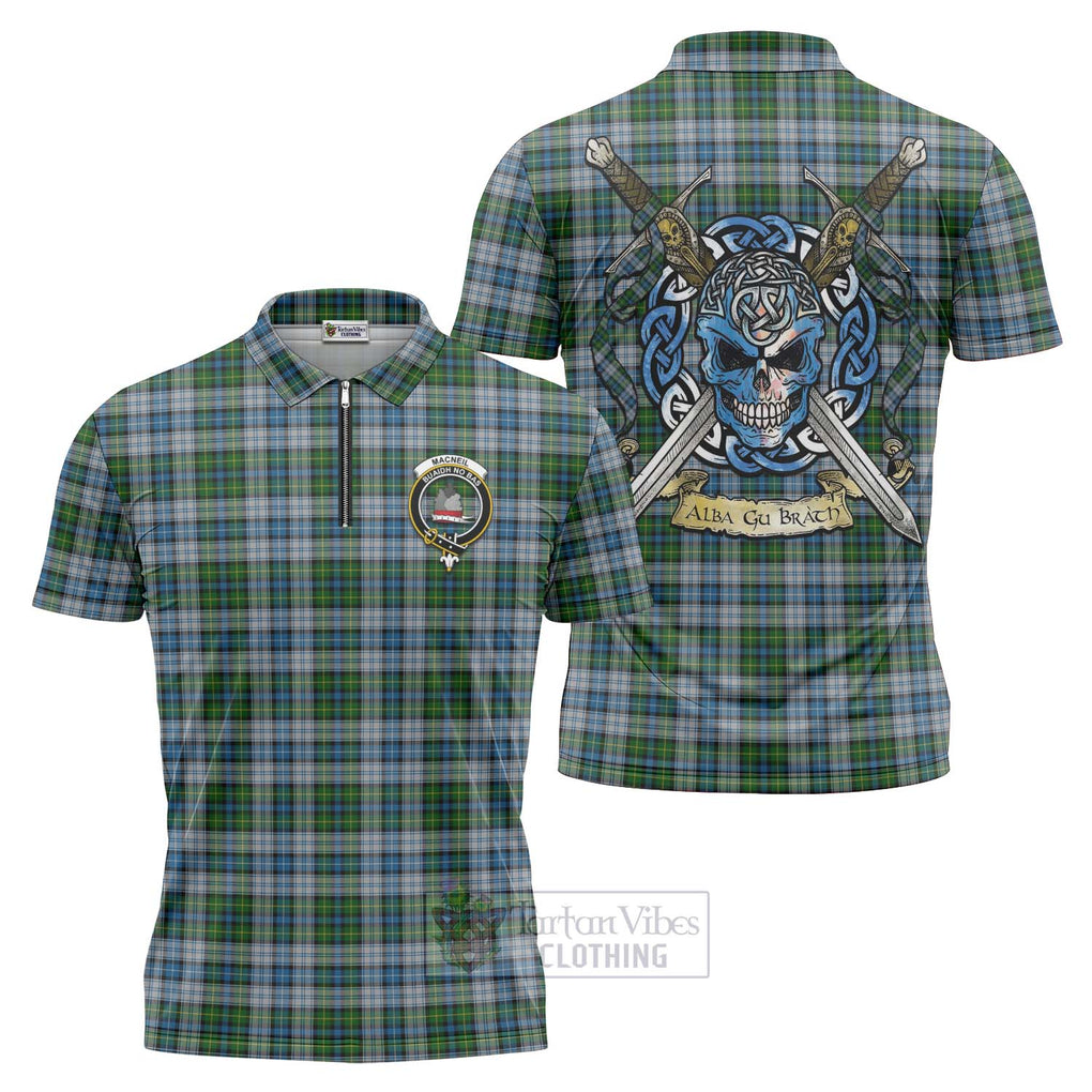 Tartan Vibes Clothing MacNeil (McNeil) Tartan Zipper Polo Shirt with Family Crest Celtic Skull Style