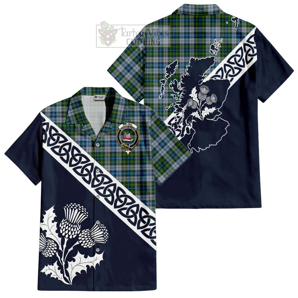 Tartan Vibes Clothing MacNeil (McNeil) Tartan Short Sleeve Button Shirt Featuring Thistle and Scotland Map