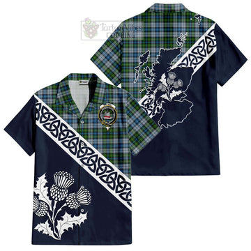 MacNeil (McNeil) Tartan Short Sleeve Button Shirt Featuring Thistle and Scotland Map