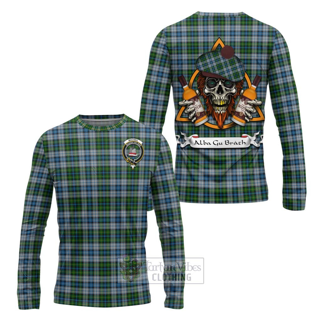 Tartan Vibes Clothing MacNeil (McNeil) Tartan Long Sleeve T-Shirt with Family Crest and Bearded Skull Holding Bottles of Whiskey