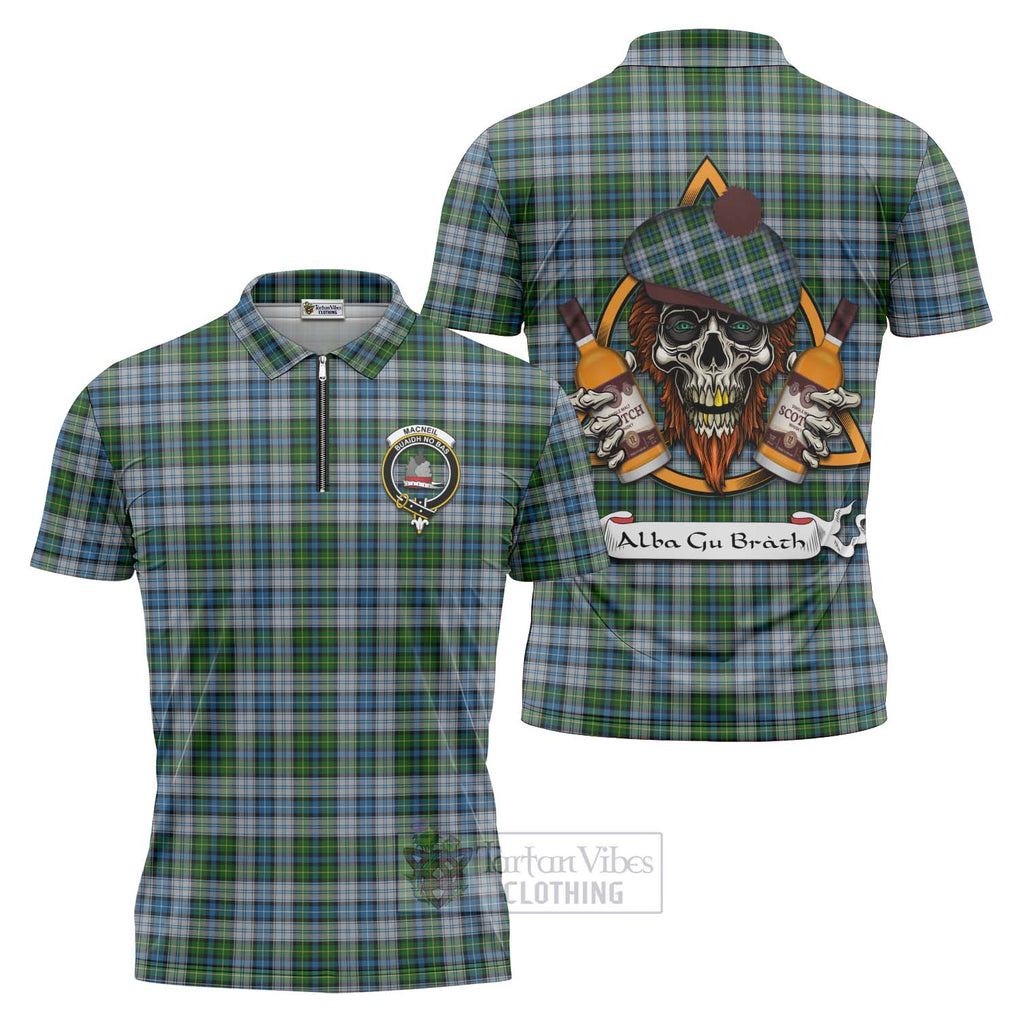 Tartan Vibes Clothing MacNeil (McNeil) Tartan Zipper Polo Shirt with Family Crest and Bearded Skull Holding Bottles of Whiskey