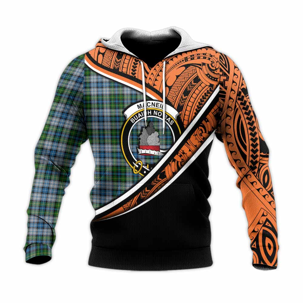 Tartan Vibes Clothing MacNeil (McNeil) Crest Tartan Knitted Hoodie with Maori Tattoo Style - Orange Version