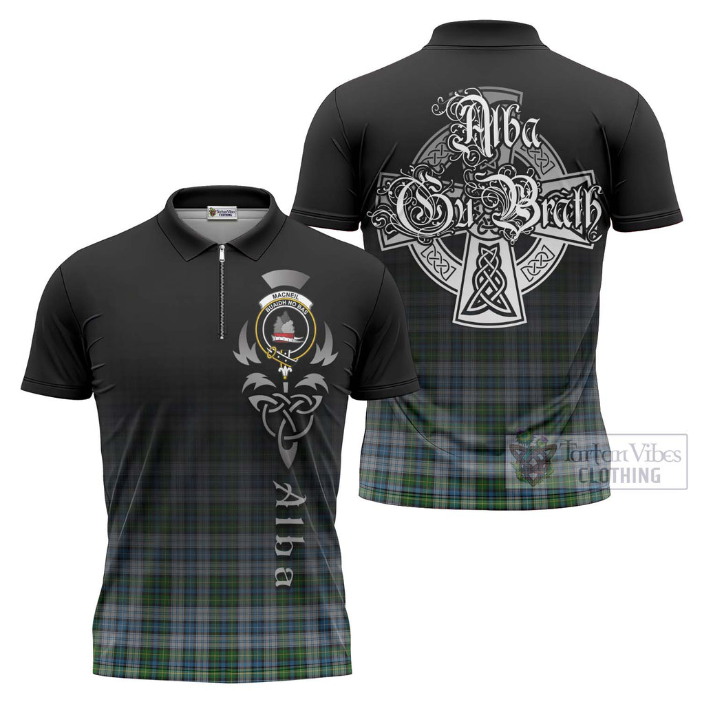 Tartan Vibes Clothing MacNeil (McNeil) Tartan Zipper Polo Shirt Featuring Alba Gu Brath Family Crest Celtic Inspired