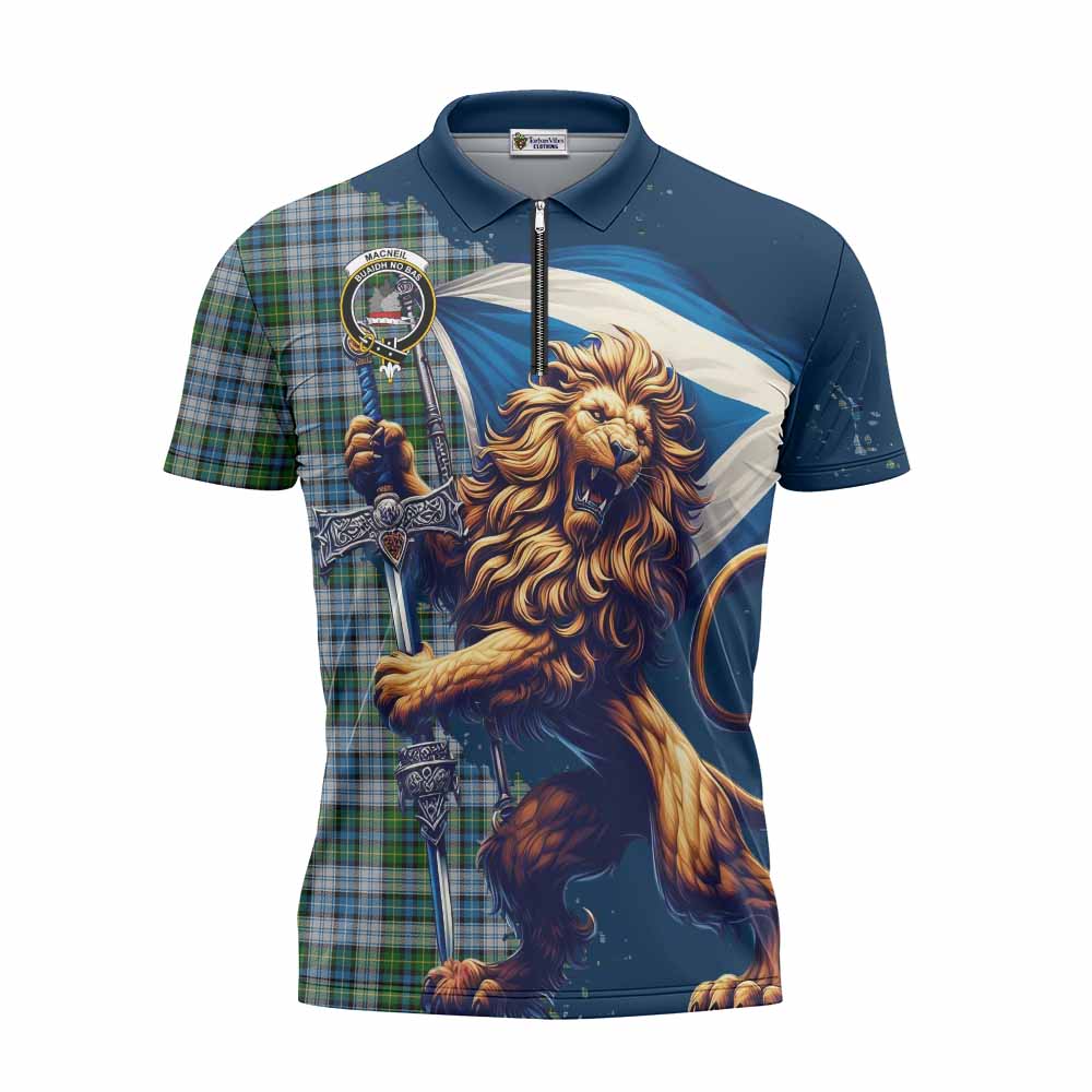 Tartan Vibes Clothing MacNeil (McNeil) Tartan Family Crest Zipper Polo Shirt with Scottish Majestic Lion