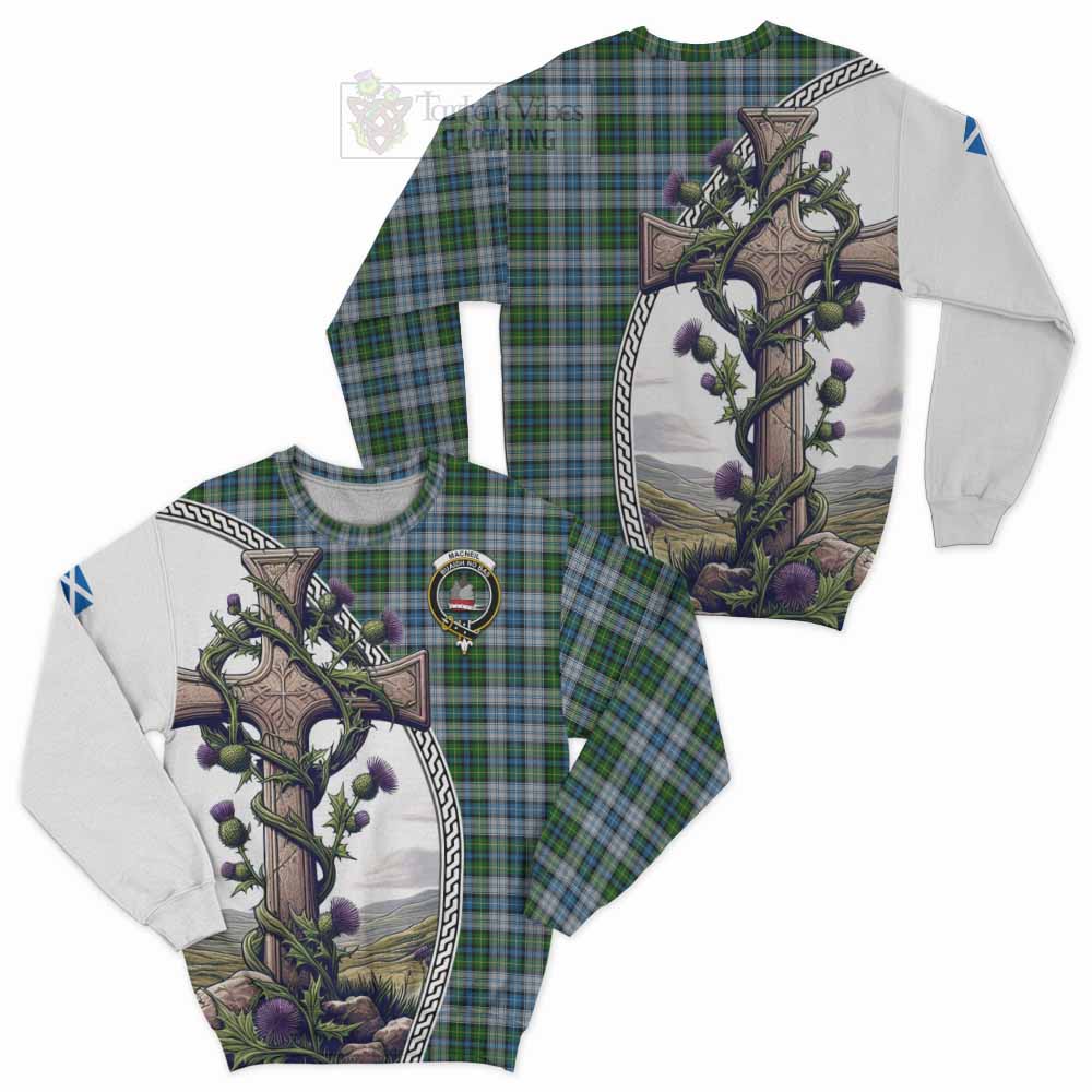 Tartan Vibes Clothing MacNeil (McNeil) Tartan Sweatshirt with Family Crest and St. Andrew's Cross Accented by Thistle Vines