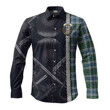 MacNeil (McNeil) Tartan Long Sleeve Button Shirt with Family Crest Cross Sword Thistle Celtic Vibes