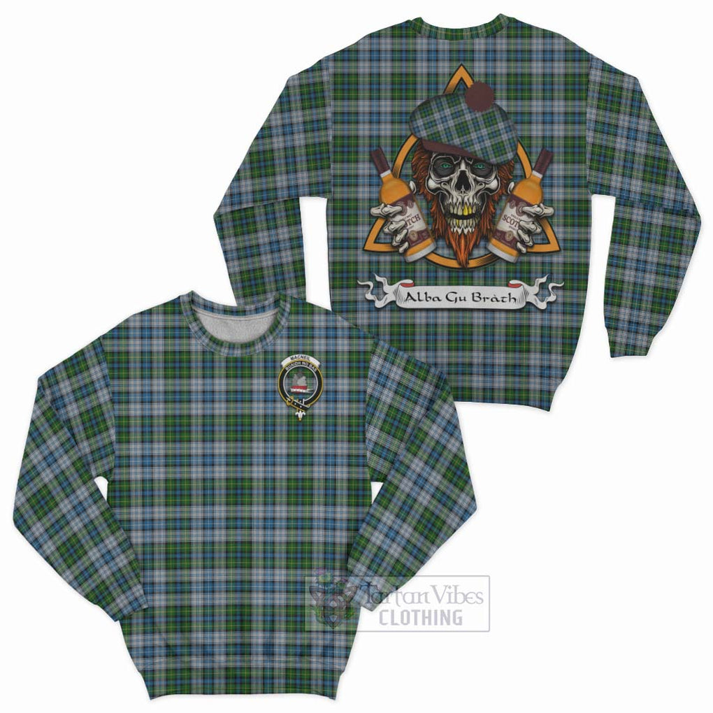 Tartan Vibes Clothing MacNeil (McNeil) Tartan Sweatshirt with Family Crest and Bearded Skull Holding Bottles of Whiskey