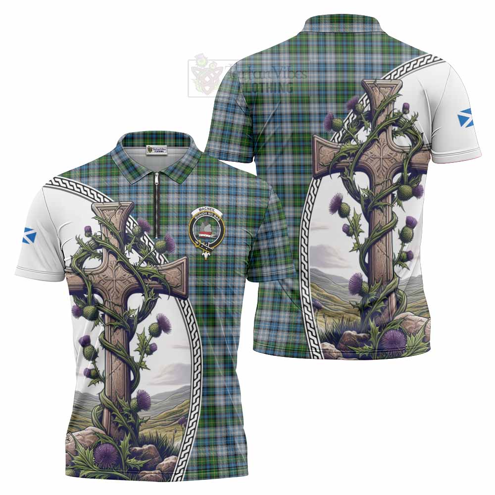 Tartan Vibes Clothing MacNeil (McNeil) Tartan Zipper Polo Shirt with Family Crest and St. Andrew's Cross Accented by Thistle Vines