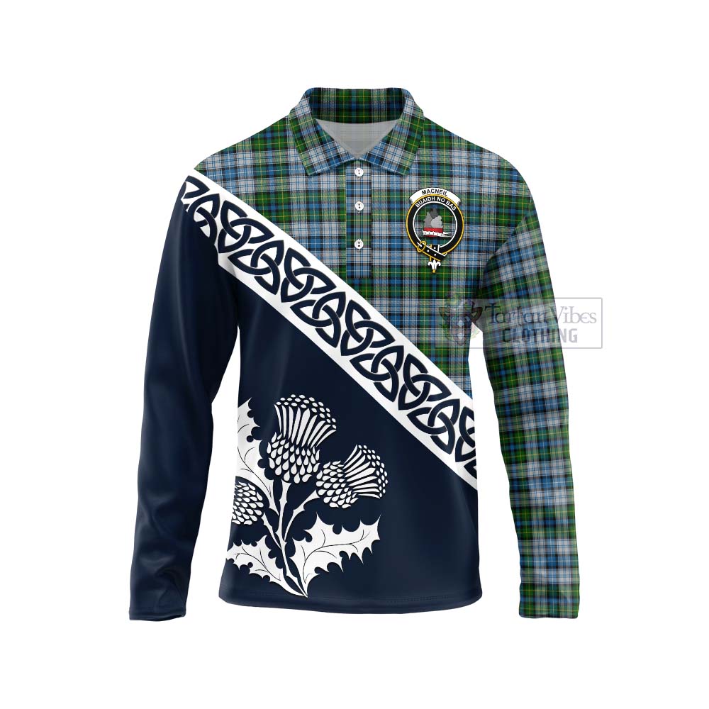 Tartan Vibes Clothing MacNeil (McNeil) Tartan Long Sleeve Polo Shirt Featuring Thistle and Scotland Map