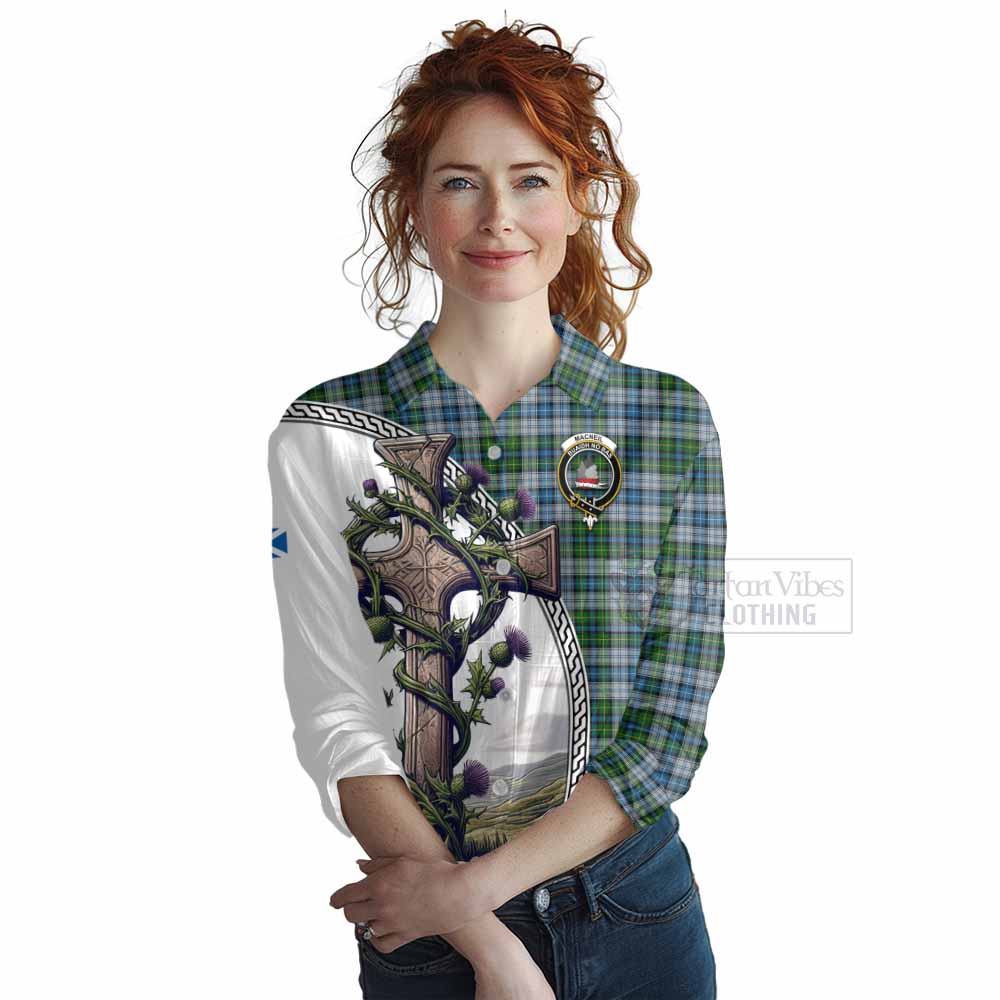 Tartan Vibes Clothing MacNeil (McNeil) Tartan Women's Casual Shirt with Family Crest and St. Andrew's Cross Accented by Thistle Vines