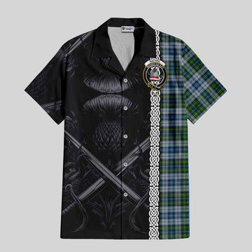 MacNeil (McNeil) Tartan Short Sleeve Button Shirt with Family Crest Cross Sword Thistle Celtic Vibes