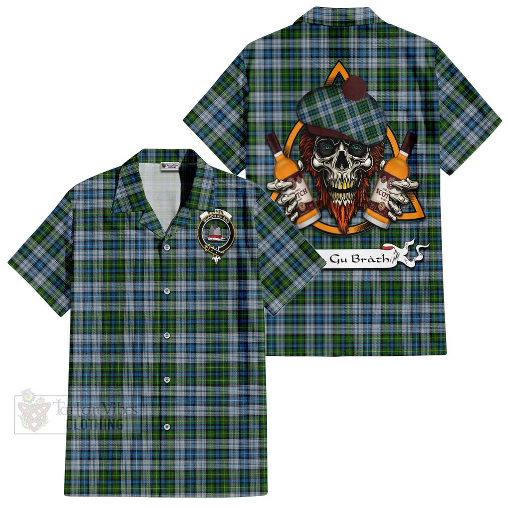 Tartan Vibes Clothing MacNeil (McNeil) Tartan Short Sleeve Button Shirt with Family Crest and Bearded Skull Holding Bottles of Whiskey