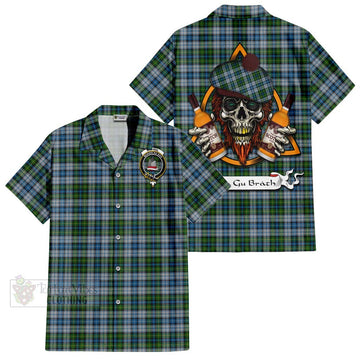 MacNeil (McNeil) Tartan Short Sleeve Button Shirt with Family Crest and Bearded Skull Holding Bottles of Whiskey