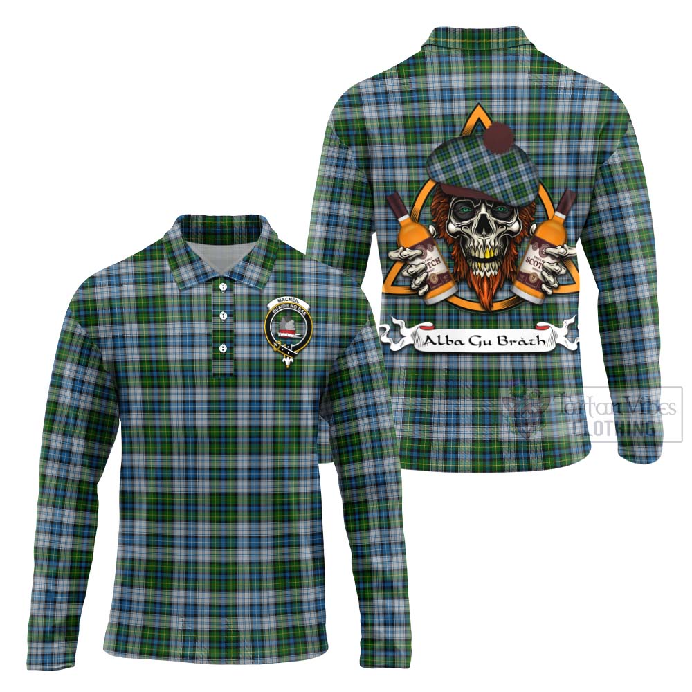 Tartan Vibes Clothing MacNeil (McNeil) Tartan Long Sleeve Polo Shirt with Family Crest and Bearded Skull Holding Bottles of Whiskey