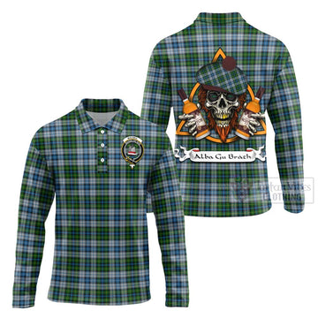 MacNeil (McNeil) Tartan Long Sleeve Polo Shirt with Family Crest and Bearded Skull Holding Bottles of Whiskey