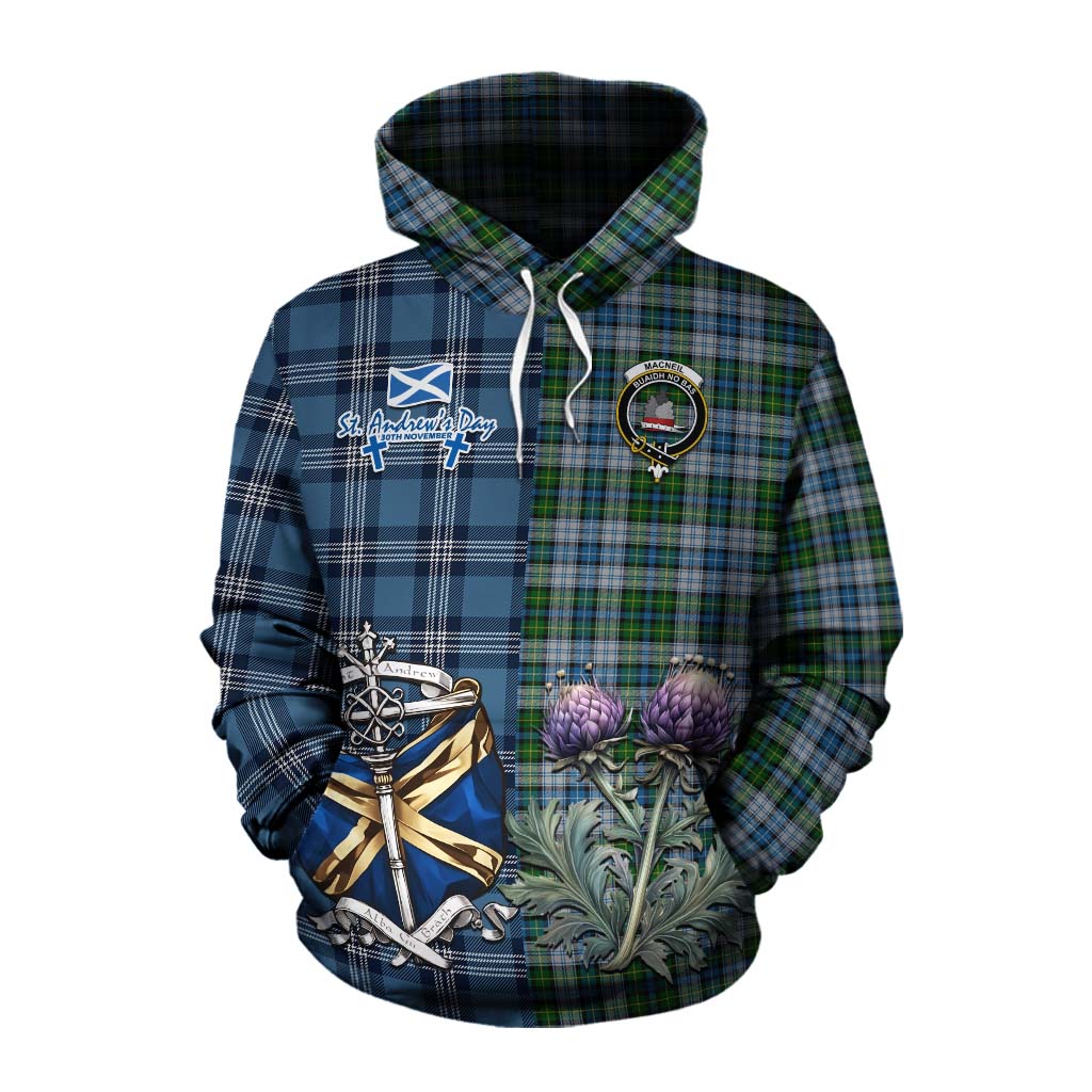 Tartan Vibes Clothing MacNeil (McNeil) Tartan Cotton Hoodie Happy St. Andrew's Day Half Tartan Style