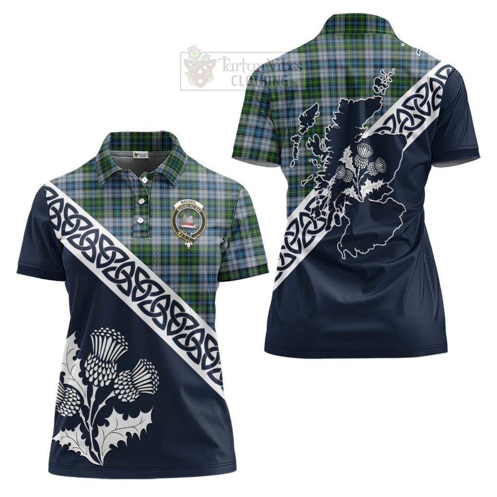 Tartan Vibes Clothing MacNeil (McNeil) Tartan Women's Polo Shirt Featuring Thistle and Scotland Map