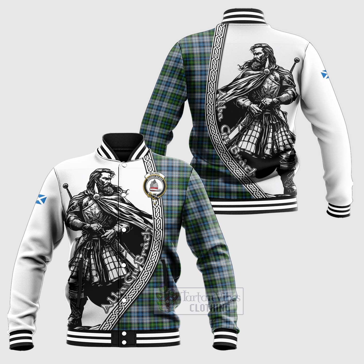 Tartan Vibes Clothing MacNeil (McNeil) Tartan Clan Crest Baseball Jacket with Highlander Warrior Celtic Style