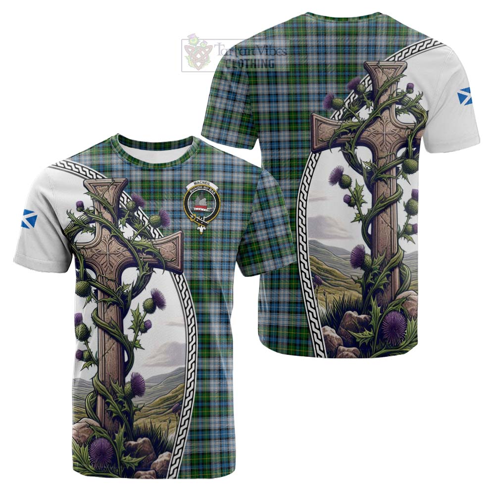 Tartan Vibes Clothing MacNeil (McNeil) Tartan Cotton T-shirt with Family Crest and St. Andrew's Cross Accented by Thistle Vines