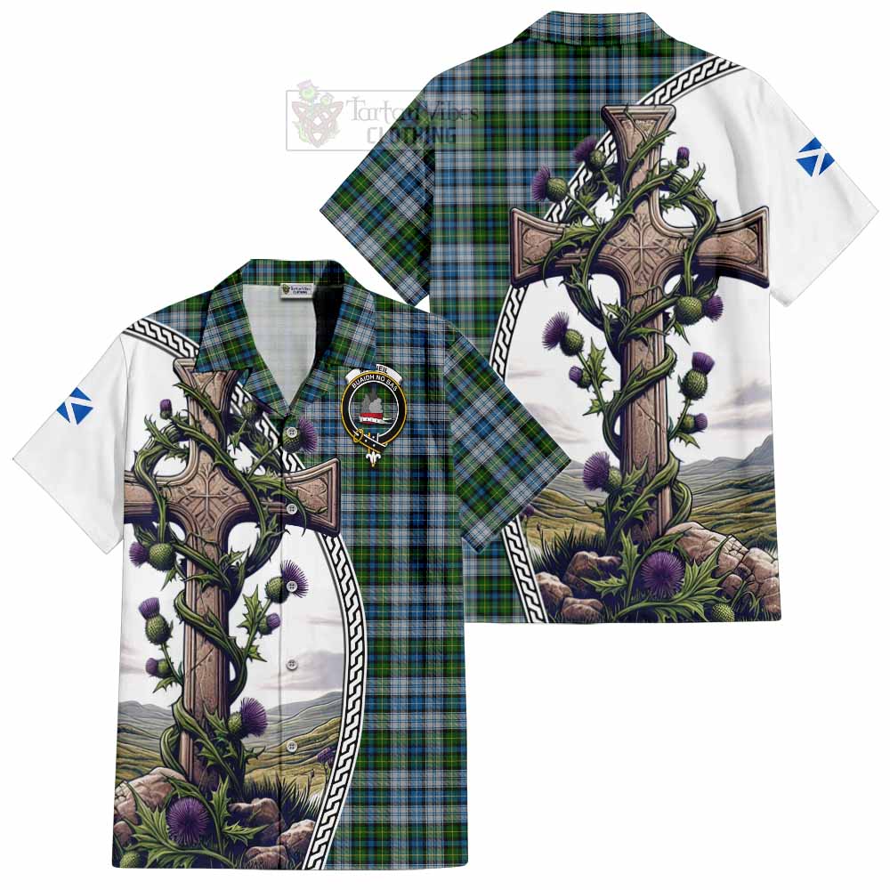 Tartan Vibes Clothing MacNeil (McNeil) Tartan Short Sleeve Button Shirt with Family Crest and St. Andrew's Cross Accented by Thistle Vines