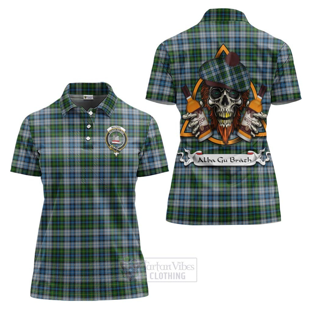 Tartan Vibes Clothing MacNeil (McNeil) Tartan Women's Polo Shirt with Family Crest and Bearded Skull Holding Bottles of Whiskey