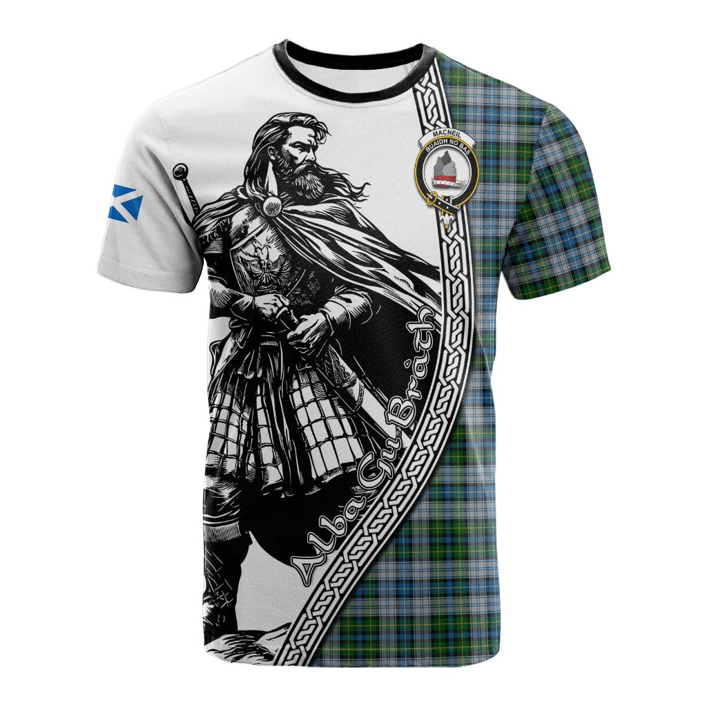 MacNeil (McNeil) Tartan Clan Crest Cotton T-shirt with Highlander Warrior Celtic Style