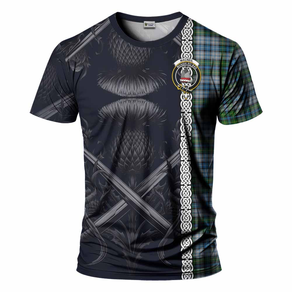 Tartan Vibes Clothing MacNeil (McNeil) Tartan T-Shirt with Family Crest Cross Sword Thistle Celtic Vibes