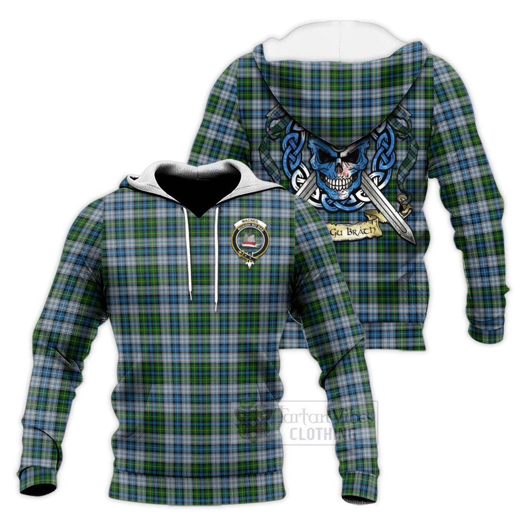 Tartan Vibes Clothing MacNeil (McNeil) Tartan Knitted Hoodie with Family Crest Celtic Skull Style