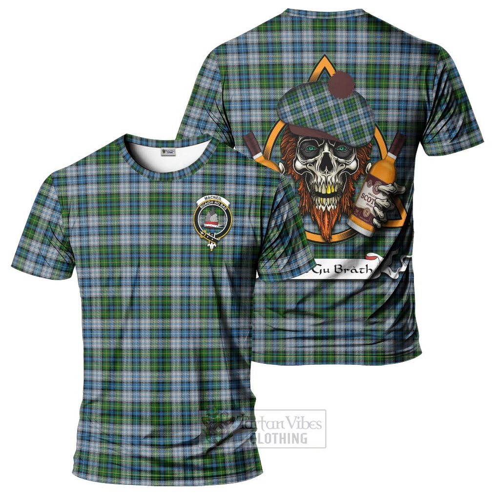 Tartan Vibes Clothing MacNeil (McNeil) Tartan T-Shirt with Family Crest and Bearded Skull Holding Bottles of Whiskey