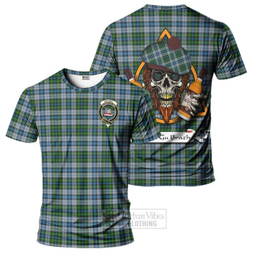 MacNeil (McNeil) Tartan T-Shirt with Family Crest and Bearded Skull Holding Bottles of Whiskey