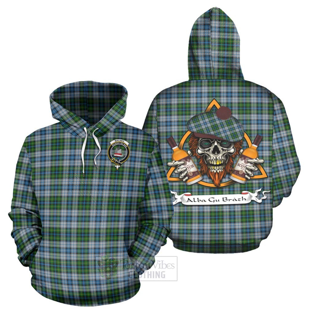 Tartan Vibes Clothing MacNeil (McNeil) Tartan Hoodie with Family Crest and Bearded Skull Holding Bottles of Whiskey