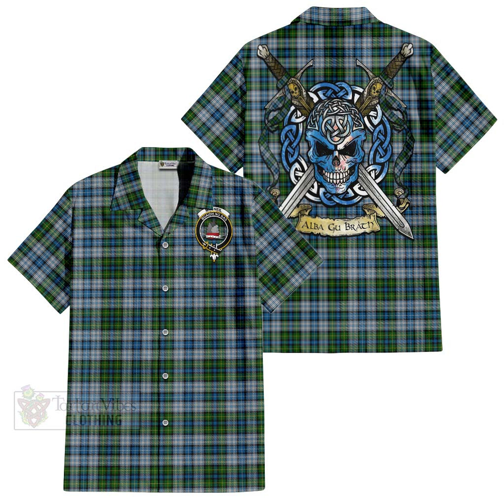 Tartan Vibes Clothing MacNeil (McNeil) Tartan Short Sleeve Button Shirt with Family Crest Celtic Skull Style