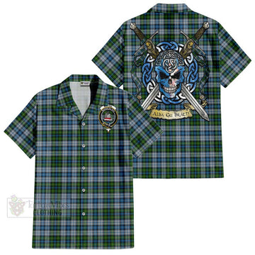 MacNeil (McNeil) Tartan Short Sleeve Button Shirt with Family Crest Celtic Skull Style