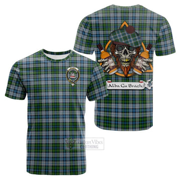 MacNeil (McNeil) Tartan Cotton T-shirt with Family Crest and Bearded Skull Holding Bottles of Whiskey