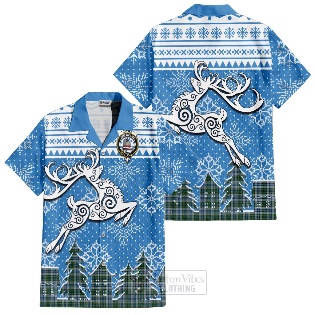 Tartan Vibes Clothing MacNeil (McNeil) Clan Christmas Short Sleeve Button Shirt Celtic Reindeer Style