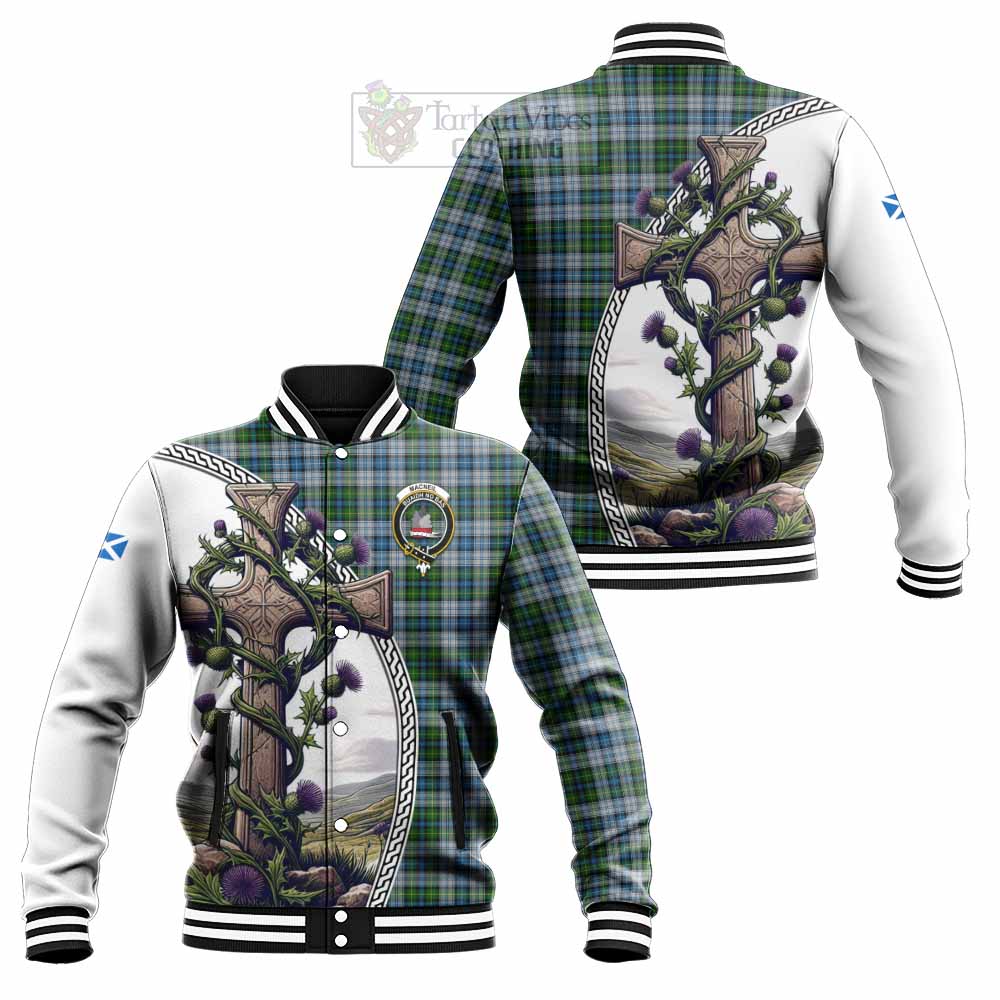 Tartan Vibes Clothing MacNeil (McNeil) Tartan Baseball Jacket with Family Crest and St. Andrew's Cross Accented by Thistle Vines