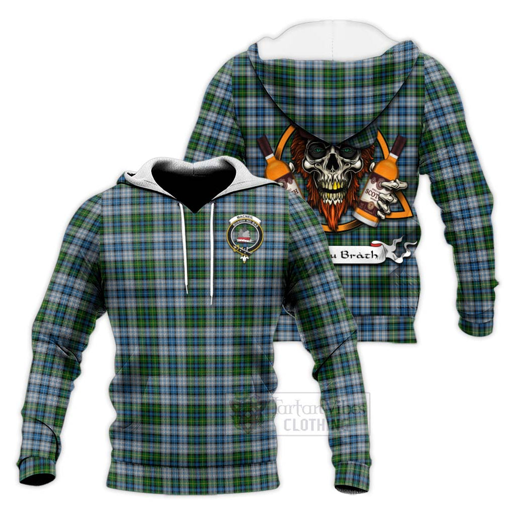 Tartan Vibes Clothing MacNeil (McNeil) Tartan Knitted Hoodie with Family Crest and Bearded Skull Holding Bottles of Whiskey