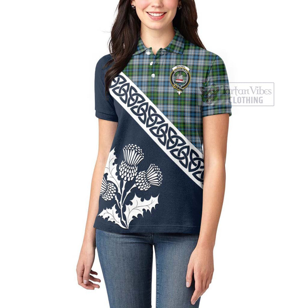 Tartan Vibes Clothing MacNeil (McNeil) Tartan Women's Polo Shirt Featuring Thistle and Scotland Map