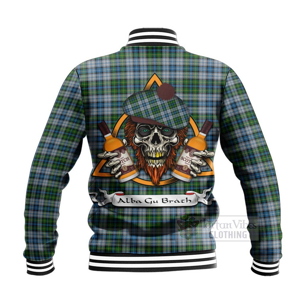 Tartan Vibes Clothing MacNeil (McNeil) Tartan Baseball Jacket with Family Crest and Bearded Skull Holding Bottles of Whiskey