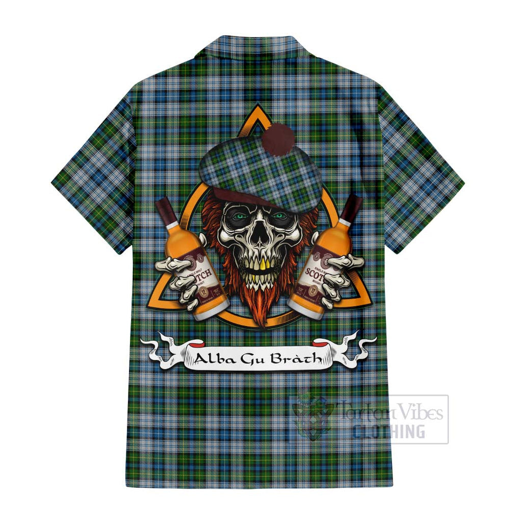 Tartan Vibes Clothing MacNeil (McNeil) Tartan Short Sleeve Button Shirt with Family Crest and Bearded Skull Holding Bottles of Whiskey