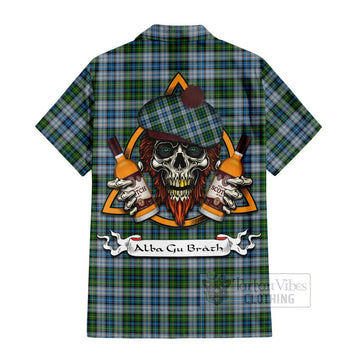 MacNeil (McNeil) Tartan Short Sleeve Button Shirt with Family Crest and Bearded Skull Holding Bottles of Whiskey