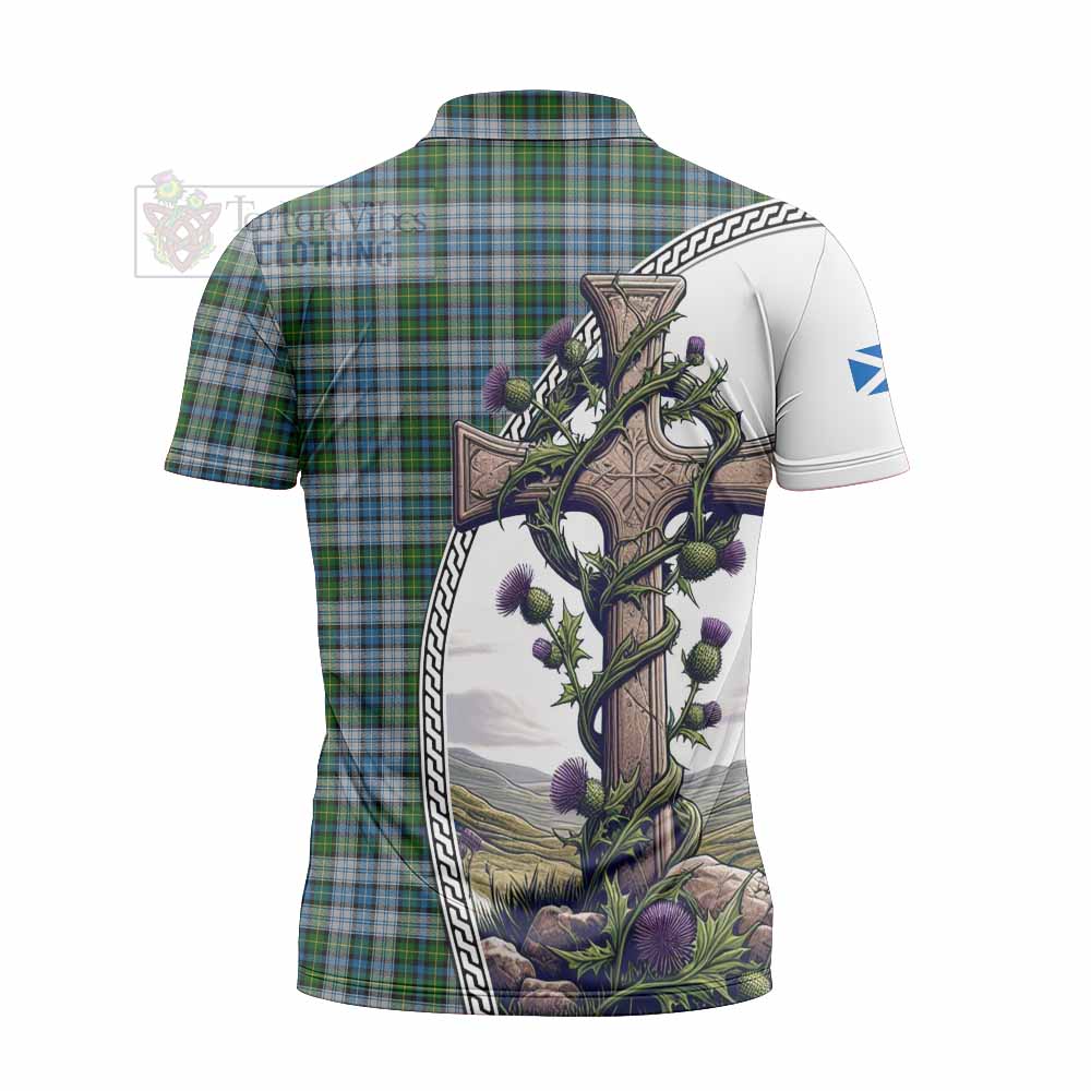 Tartan Vibes Clothing MacNeil (McNeil) Tartan Zipper Polo Shirt with Family Crest and St. Andrew's Cross Accented by Thistle Vines