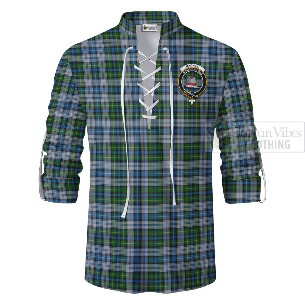 Tartan Vibes Clothing MacNeil (McNeil) Tartan Ghillie Kilt Shirt with Family Crest and Bearded Skull Holding Bottles of Whiskey