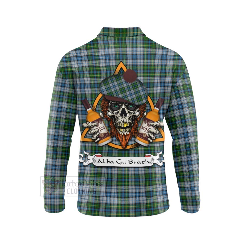 Tartan Vibes Clothing MacNeil (McNeil) Tartan Long Sleeve Polo Shirt with Family Crest and Bearded Skull Holding Bottles of Whiskey