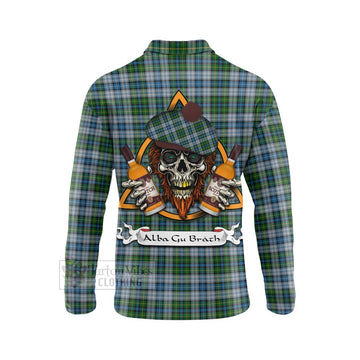 MacNeil (McNeil) Tartan Long Sleeve Polo Shirt with Family Crest and Bearded Skull Holding Bottles of Whiskey