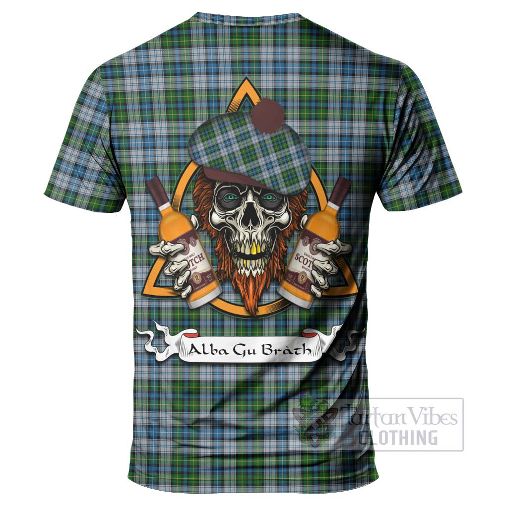 Tartan Vibes Clothing MacNeil (McNeil) Tartan T-Shirt with Family Crest and Bearded Skull Holding Bottles of Whiskey