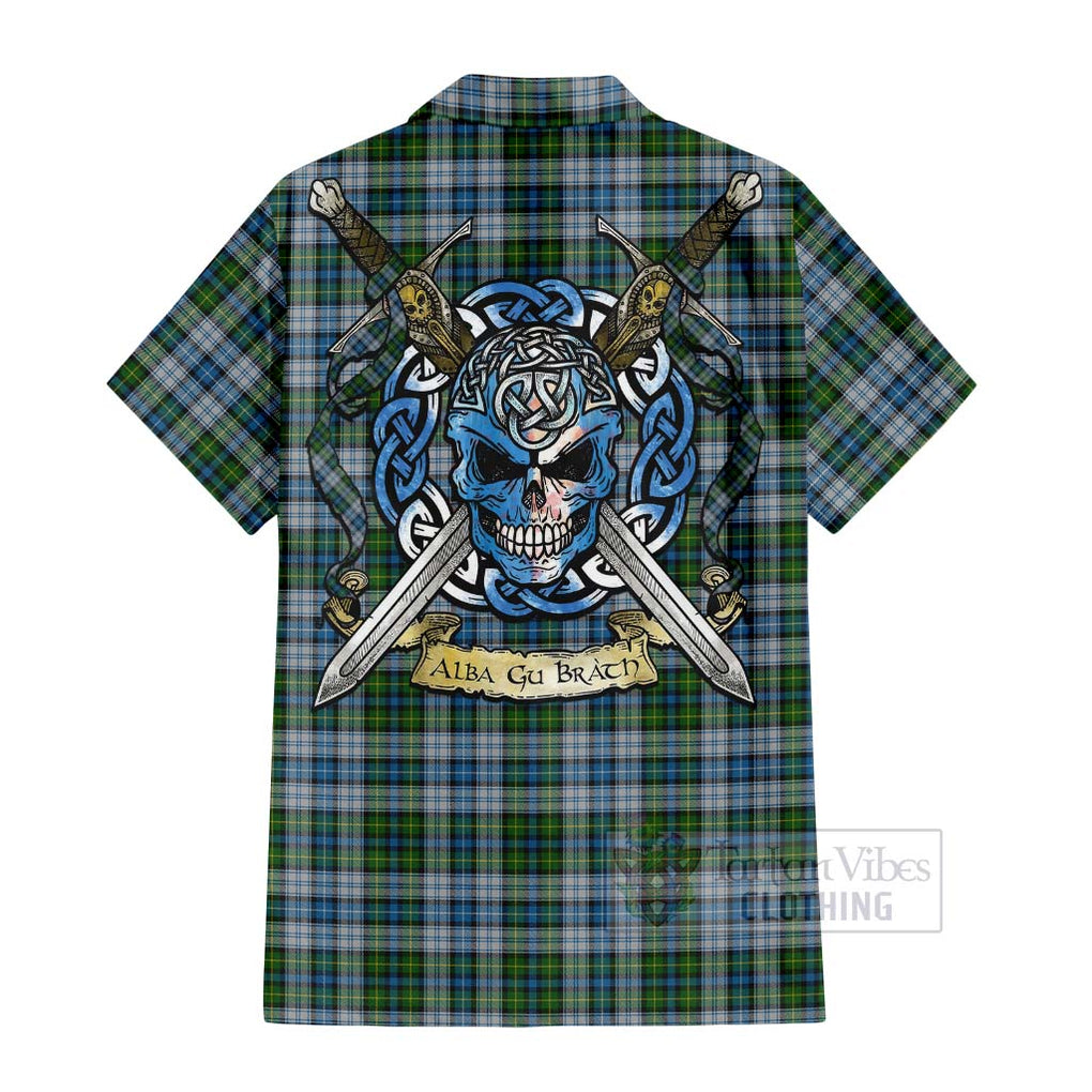 Tartan Vibes Clothing MacNeil (McNeil) Tartan Short Sleeve Button Shirt with Family Crest Celtic Skull Style