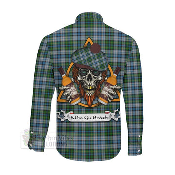 MacNeil (McNeil) Tartan Long Sleeve Button Shirt with Family Crest and Bearded Skull Holding Bottles of Whiskey Men's Shirt - Tartan Vibes Clothing