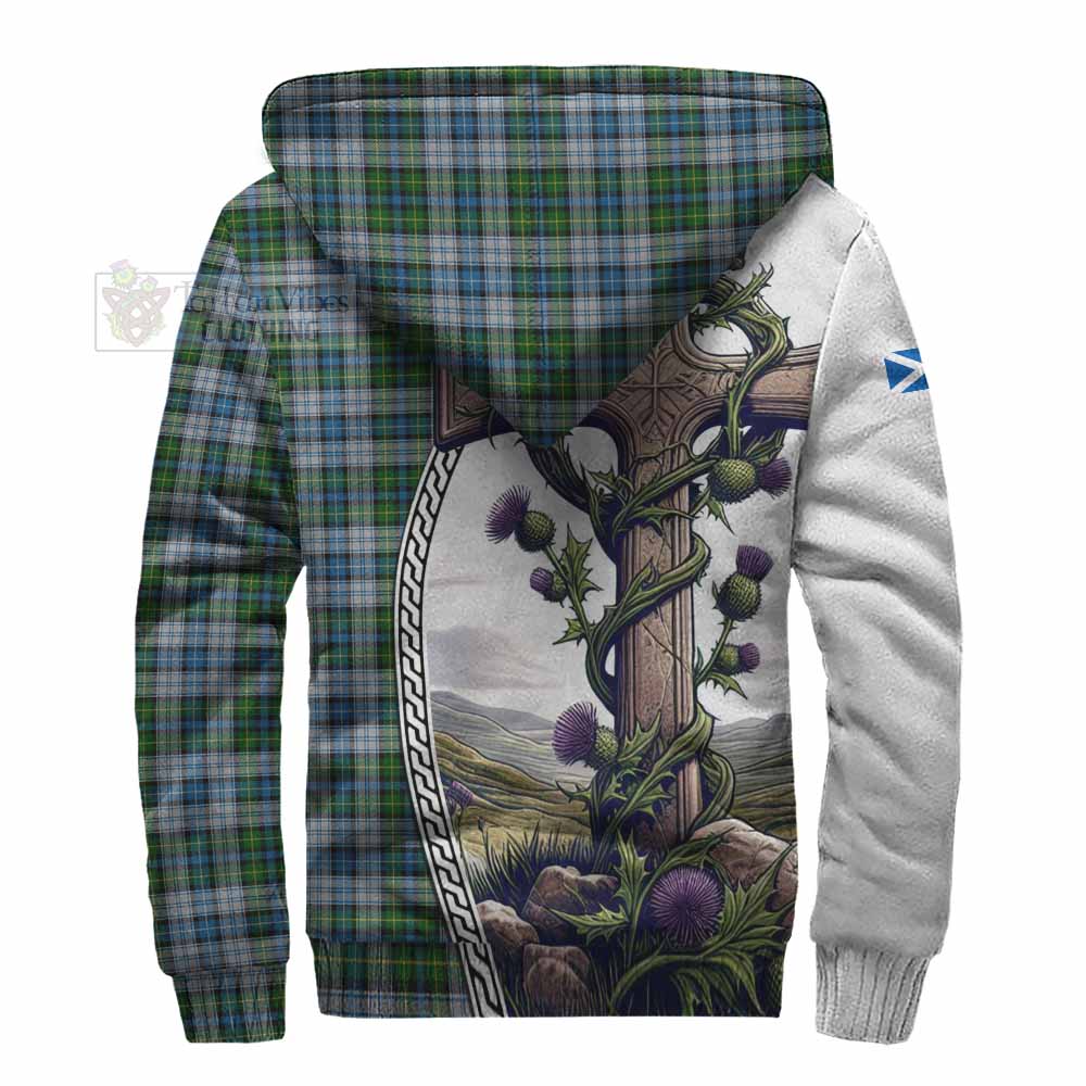 Tartan Vibes Clothing MacNeil (McNeil) Tartan Sherpa Hoodie with Family Crest and St. Andrew's Cross Accented by Thistle Vines